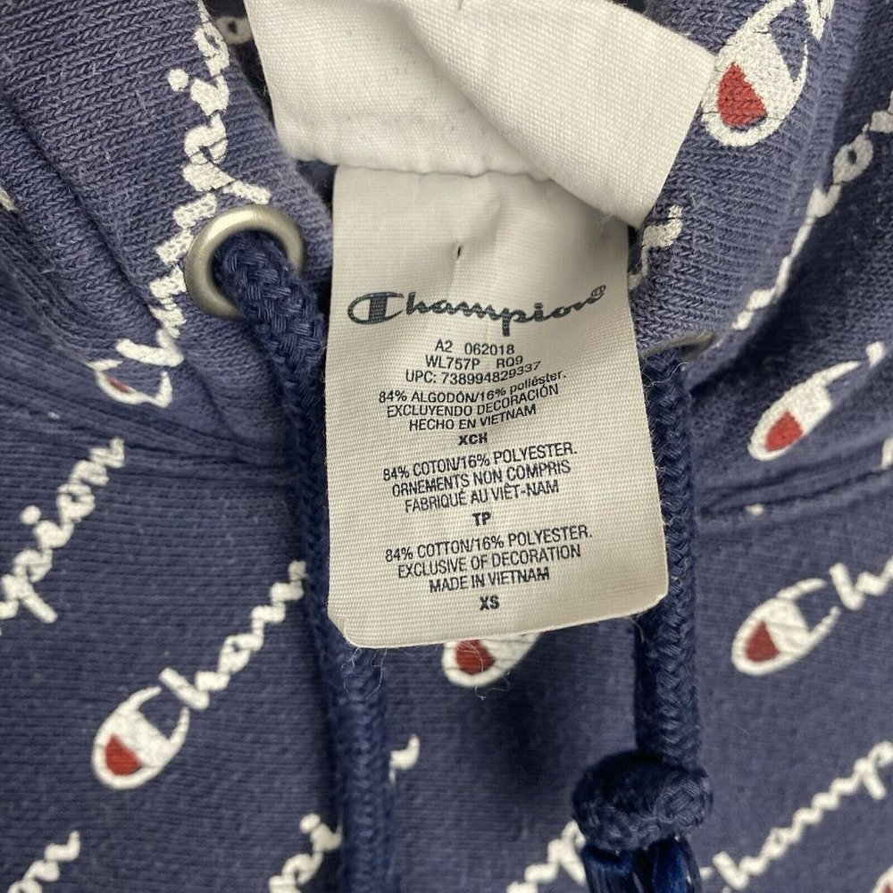 Champion Reverse Weave All-Over Graphic Hoodie Pullover Sweatshirt Size XS Blue - Picture 7 of 8